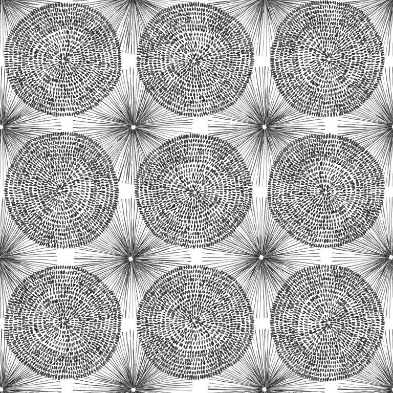 Repeating pattern of detailed black mandala circles with radiating line work on white background, arranged in a 3x3 grid
