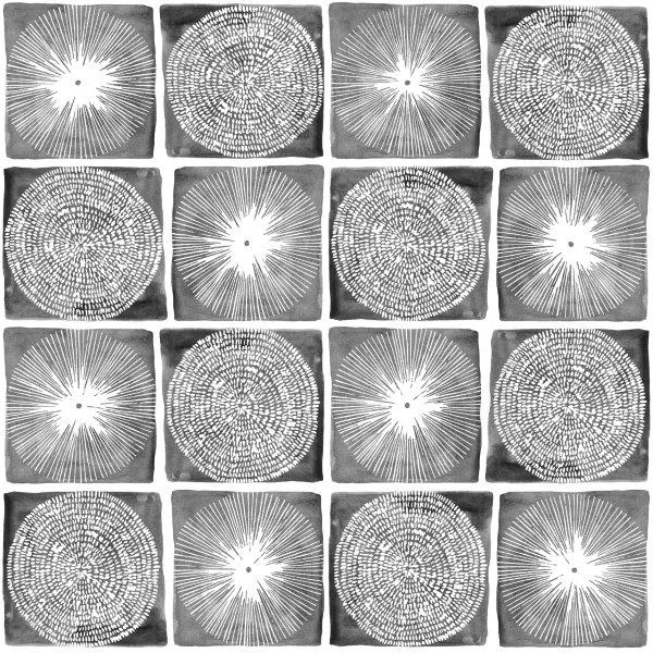 Repeating pattern of alternating radiant sunburst and geometric circular mandala designs in black and white