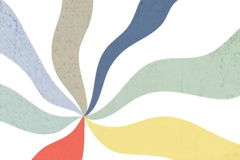 Colorful pinwheel pattern with curved ribbons in blue, green, yellow, red and neutral tones radiating from center