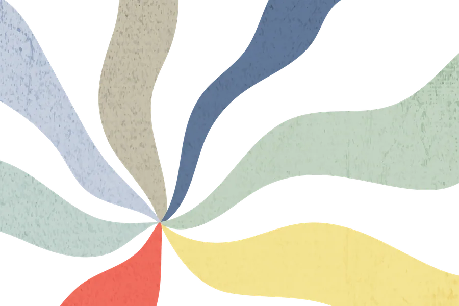 Colorful pinwheel pattern with curved ribbons in blue, green, yellow, red and neutral tones radiating from center