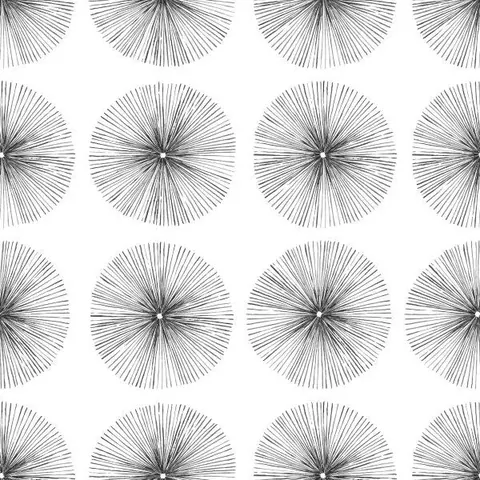 Repeating pattern of black line-drawn circular sunburst designs on white background