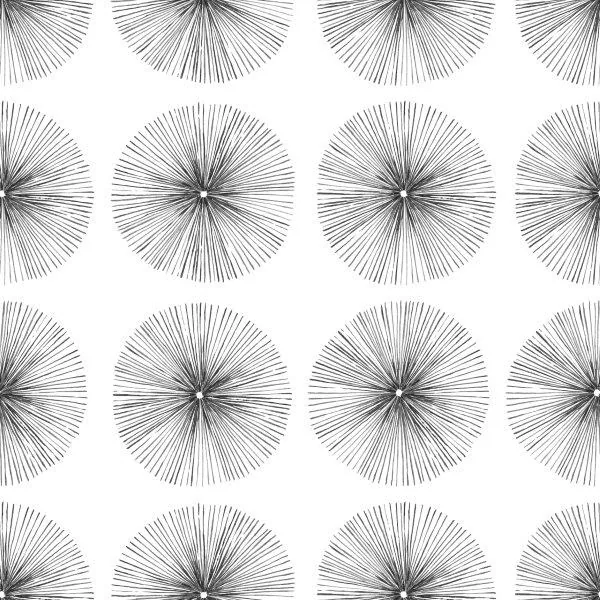 Repeating pattern of black line-drawn circular sunburst designs on white background