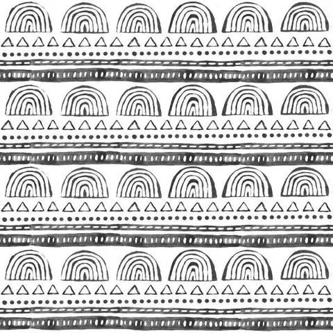 Repeating boho pattern with concentric rainbows, triangles, dots, and geometric lines in black and white.
