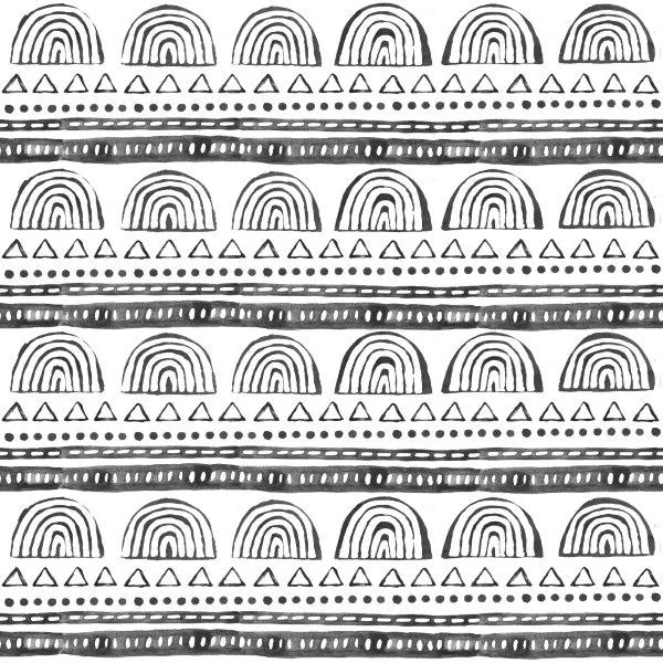 Repeating boho pattern with concentric rainbows, triangles, dots, and geometric lines in black and white.