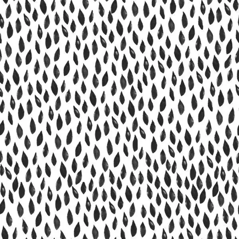 Repeating black teardrop and leaf shapes scattered across a white background in a boho pattern.