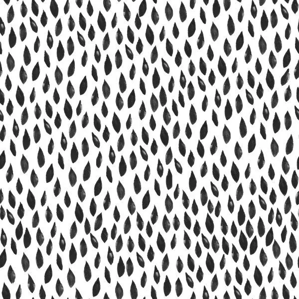 Repeating black teardrop and leaf shapes scattered across a white background in a boho pattern.