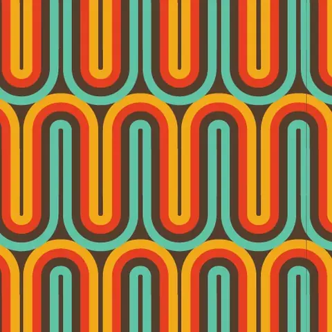 Repeating vintage-style geometric arch pattern in orange, red, yellow, and teal stripes