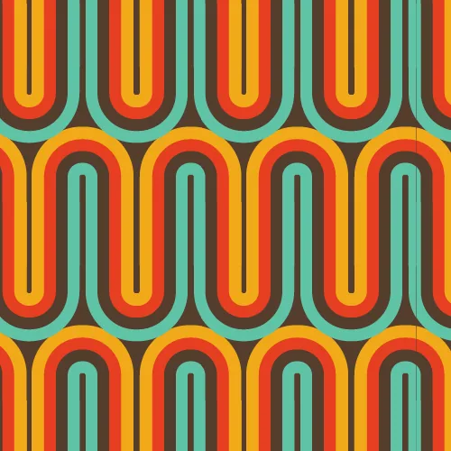 Repeating vintage-style geometric arch pattern in orange, red, yellow, and teal stripes