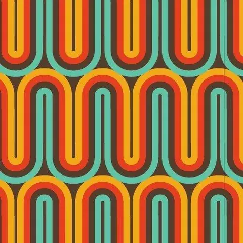 Repeating pattern of stacked retro arches in orange, red, yellow and turquoise in groovy 70s style