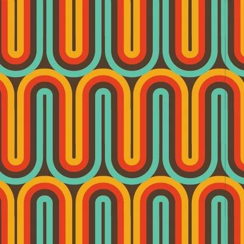 Repeating pattern of stacked retro arches in orange, red, yellow and turquoise in groovy 70s style