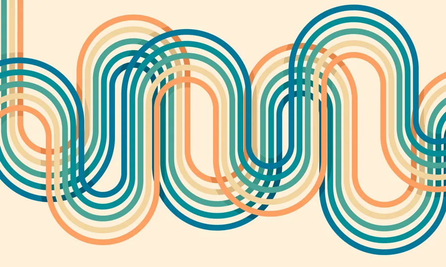 Overlapping concentric oval shapes in teal, orange, and cream forming a repeating retro geometric pattern.