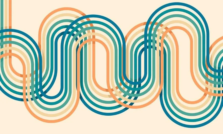 Retro concentric oval loops in teal, orange and cream colors repeating across a light background