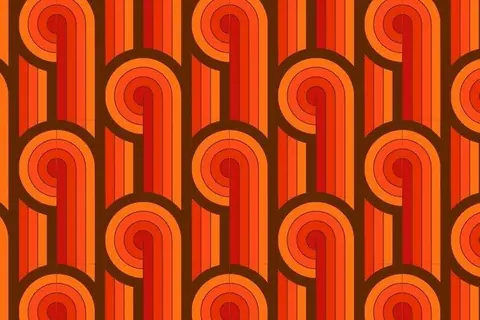 Repeating pattern of concentric orange and red spirals alternating with vertical stripes in warm retro tones
