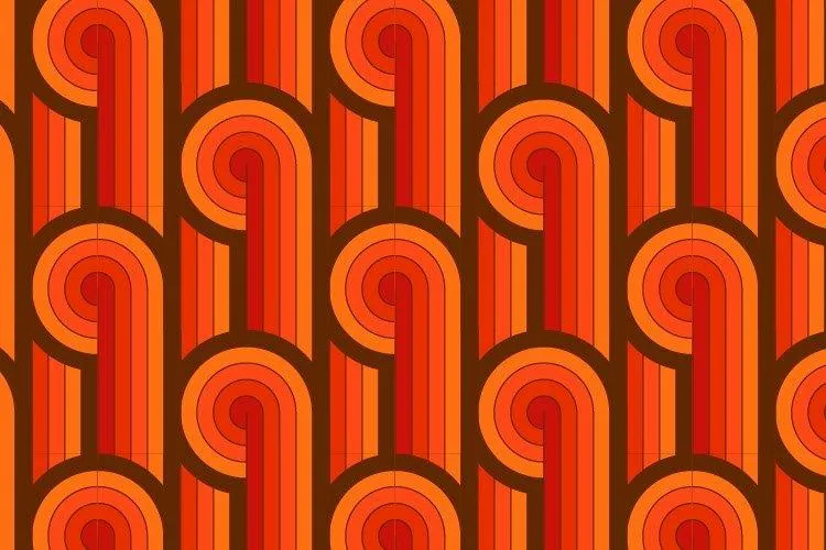 Repeating pattern of concentric orange and red spirals alternating with vertical stripes in warm retro tones
