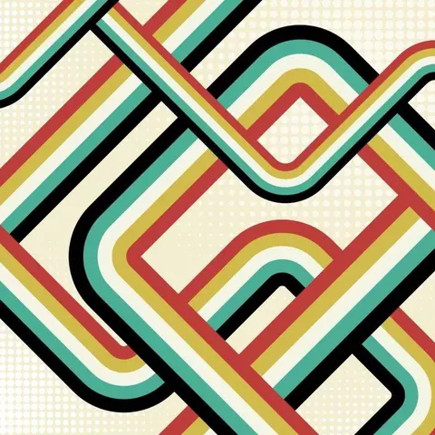 Retro geometric wallpaper with interlocking wavy channels in red, teal, yellow, and black on cream background