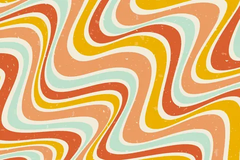 Retro wavy striped pattern in cream, terracotta, yellow, and mint green with textured finish.