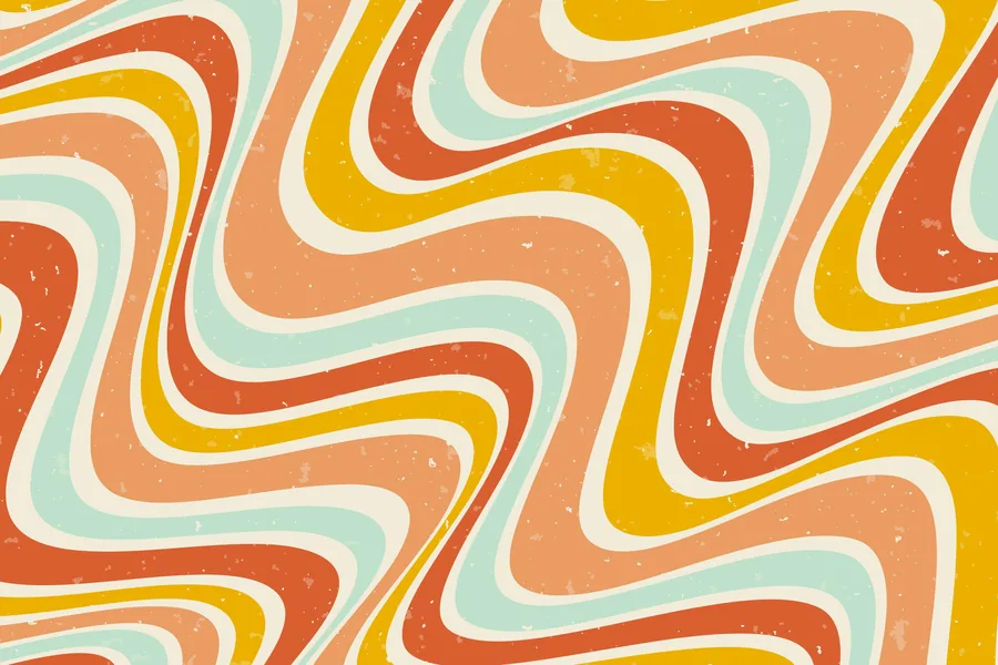 Retro wavy striped pattern in cream, terracotta, yellow, and mint green with textured finish.