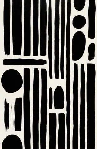 Black and cream abstract pattern with vertical strokes, circles, and organic shapes on light background