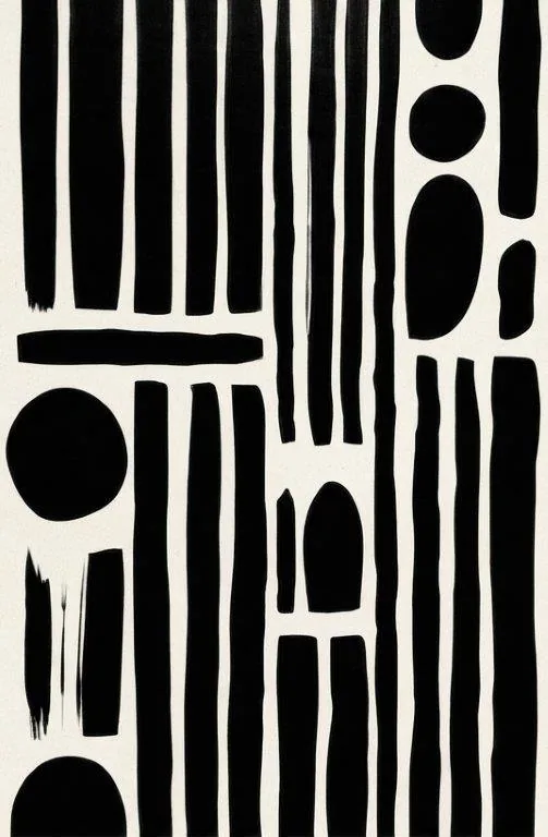 Black and cream abstract pattern with vertical strokes, circles, and organic shapes on light background