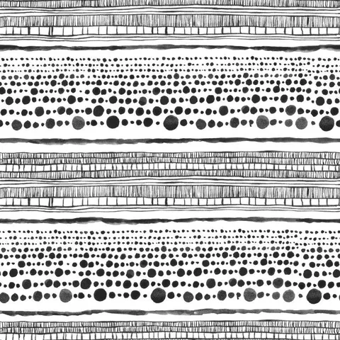 Repeating boho pattern of scattered circles in black and white with linear textures and organic dotwork