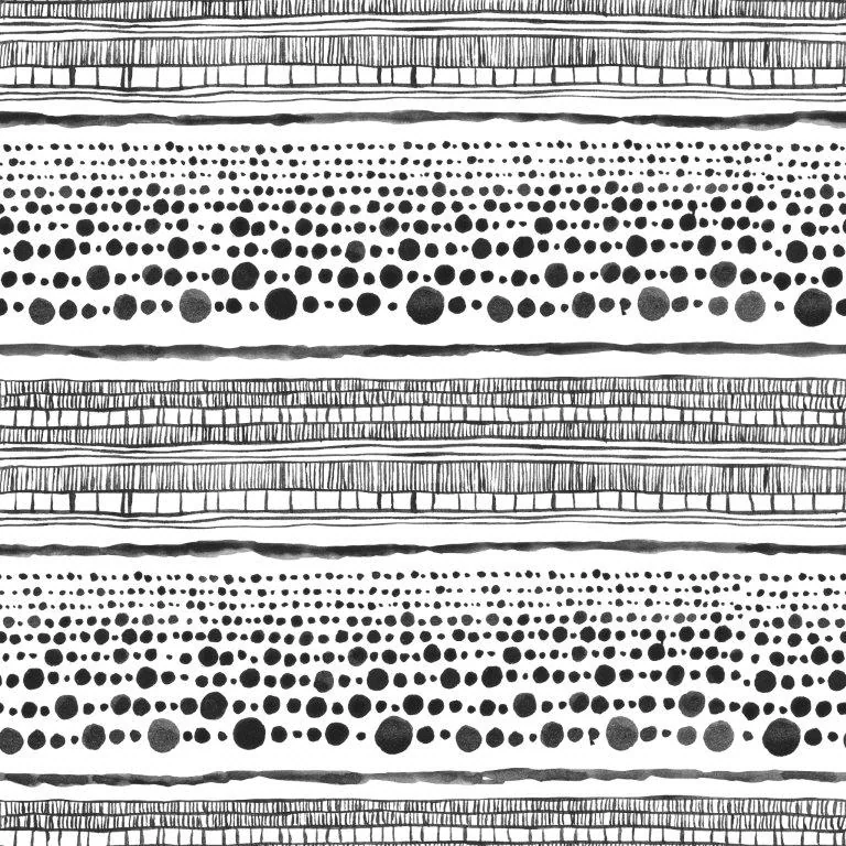 Repeating boho pattern of scattered circles in black and white with linear textures and organic dotwork