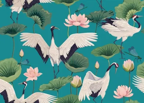 Repeating pattern of white cranes with black markings, pink lotus flowers, and green lily pads on turquoise background.