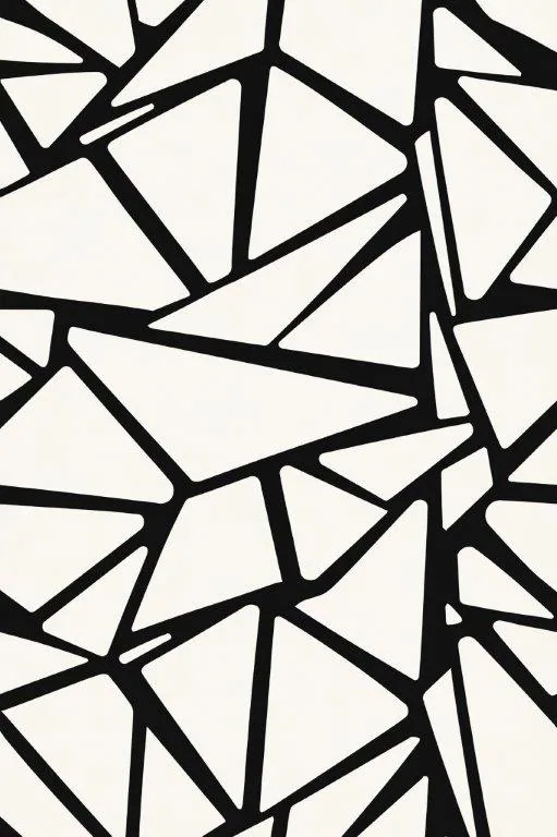Black geometric line pattern with fragmented triangles on cream background