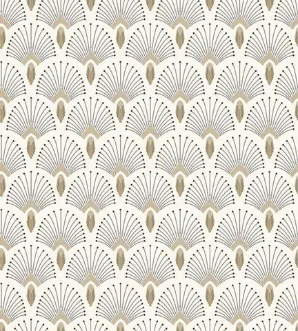 Repeating geometric shell fan pattern in beige, cream and blue lines on cream background