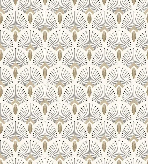 Repeating geometric shell fan pattern in beige, cream and blue lines on cream background