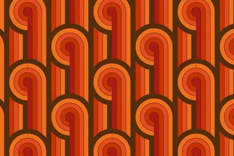 Repeating pattern of orange and red concentric circles with vertical stripes on a dark background