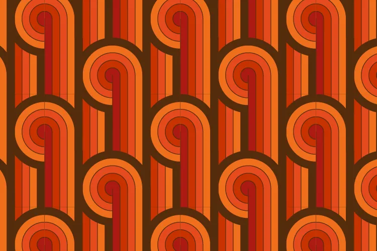 Repeating pattern of orange and red concentric circles with vertical stripes on a dark background
