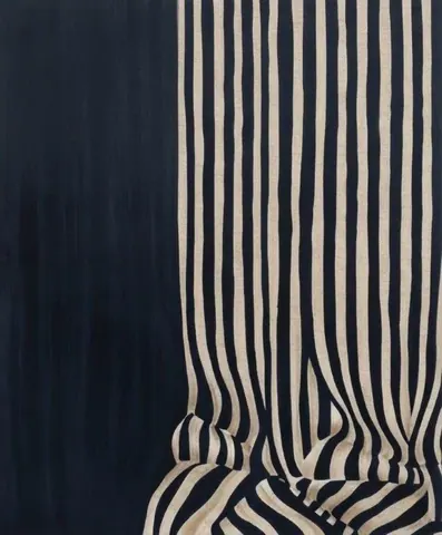Navy and cream vertical striped pattern with organic wavy distortions creating a flowing abstract effect.