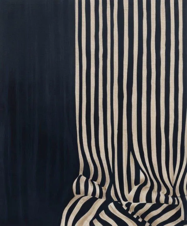 Navy and cream vertical striped pattern with organic wavy distortions creating a flowing abstract effect.