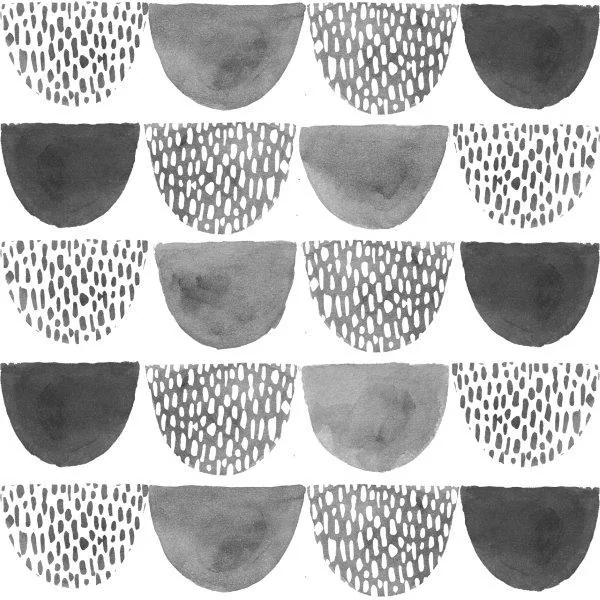 Repeating pattern of half-moon shapes with varied textures in black, white, and gray tones
