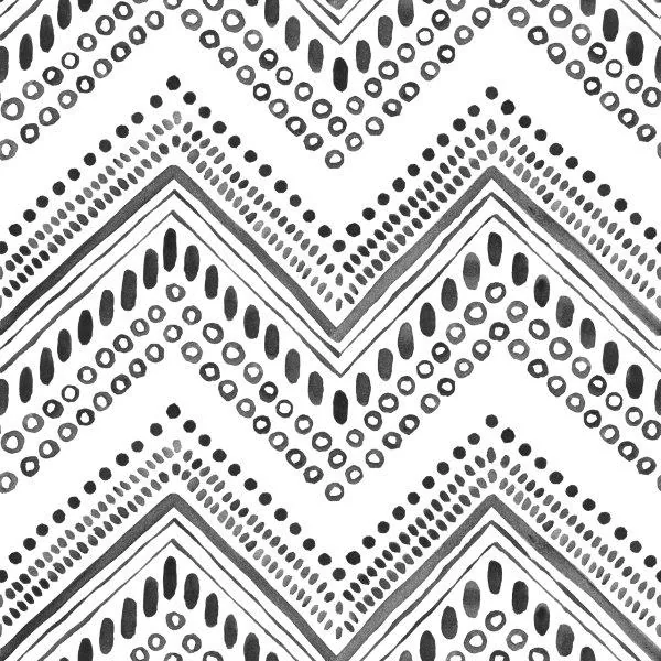 Black and white repeating chevron pattern with tribal dots and geometric lines in boho style