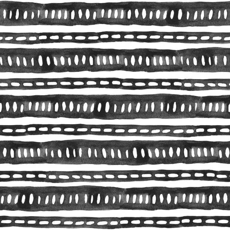 Black and white repeating pattern with hand-drawn horizontal stripes, dashes, and dotted lines in tribal style.
