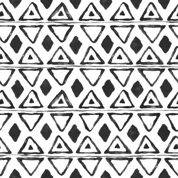 Repeating black and white tribal geometric pattern with triangles, diamonds, and linear elements
