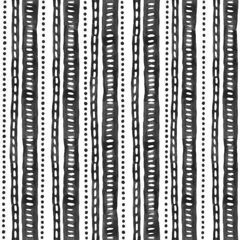 Black and white repeating pattern with vertical stripes of geometric lines, dots, and chain-like designs