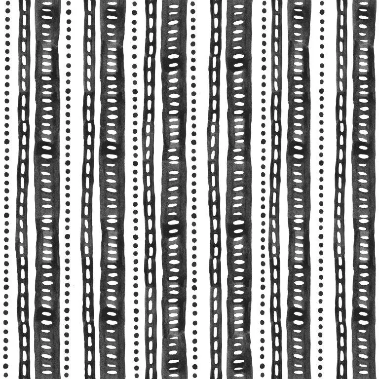 Black and white repeating pattern with vertical stripes of geometric lines, dots, and chain-like designs