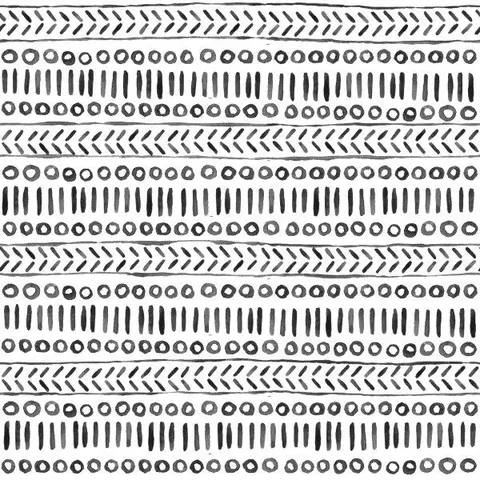 Repeating geometric pattern with grey chevrons, circles, and vertical lines on white background