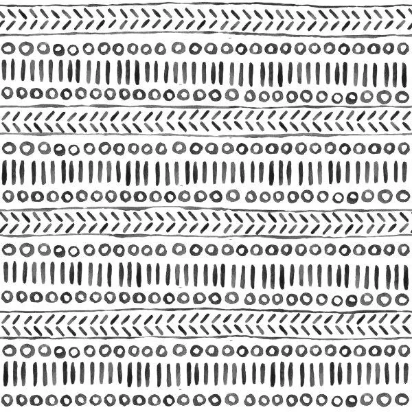 Repeating geometric pattern with grey chevrons, circles, and vertical lines on white background