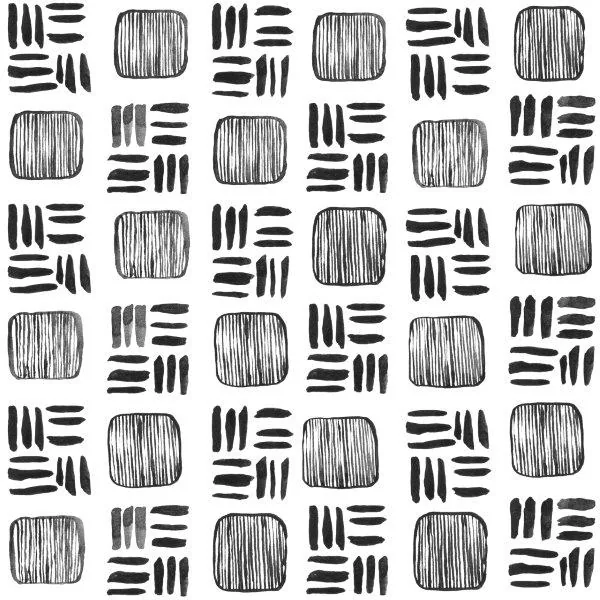 Black and white repeating pattern of striped squares alternating with geometric dash arrangements.