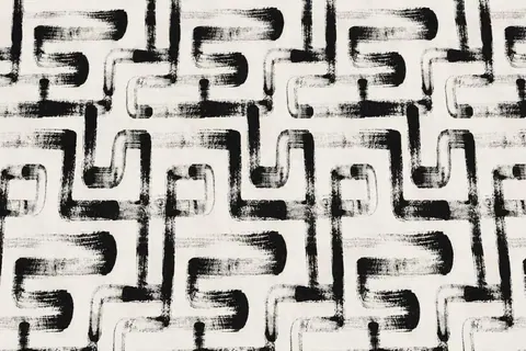 Black and white repeating tribal geometric pattern with interlocking curved lines and angular shapes