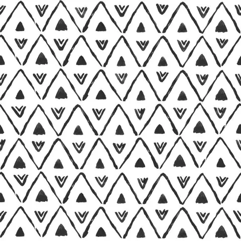 Repeating black and white geometric pattern with triangles and mountain peaks arranged in vertical columns