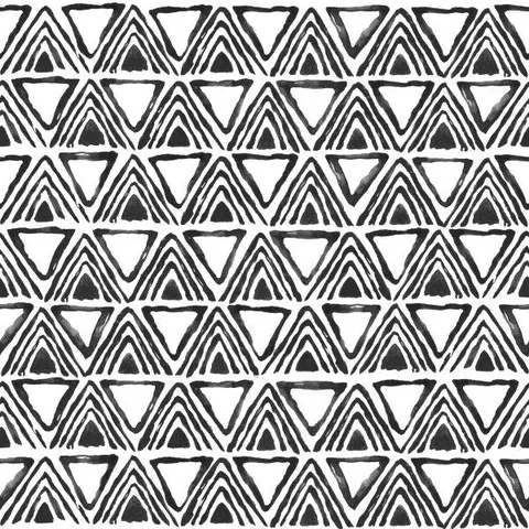 Black and white repeating geometric pattern of concentric triangles and horizontal stripes in a tribal design