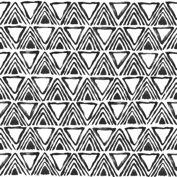 Black and white repeating geometric pattern of concentric triangles and horizontal stripes in a tribal design