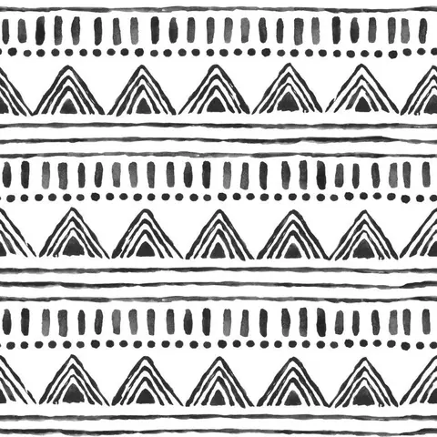 Repeating black and white geometric pattern with nested triangles, dashes, and hand-drawn lines in tribal style.