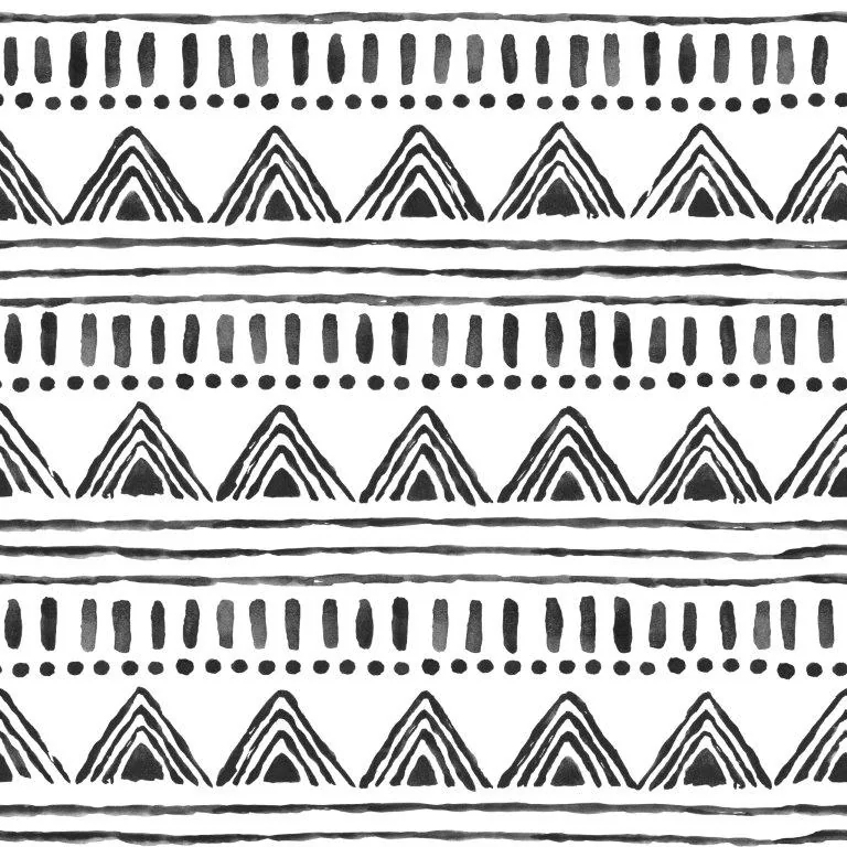 Repeating black and white geometric pattern with nested triangles, dashes, and hand-drawn lines in tribal style.