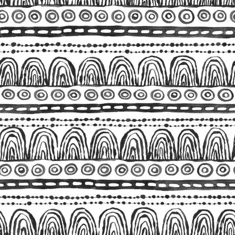 Black and white repeating tribal pattern with circles, dashes, and nested arch shapes