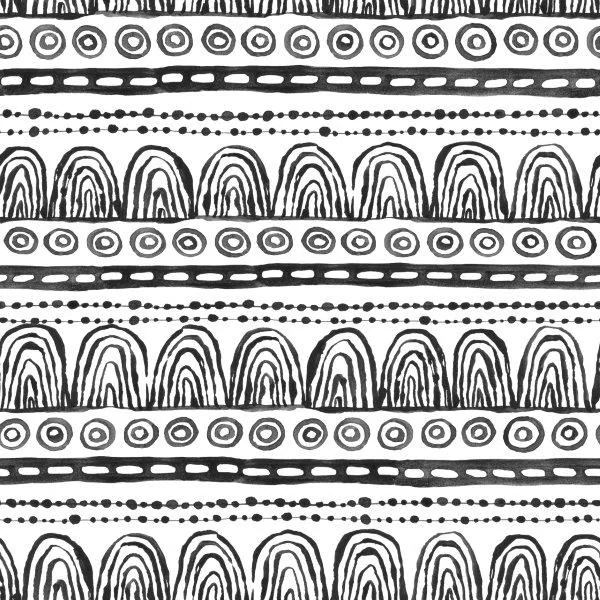 Black and white repeating tribal pattern with circles, dashes, and nested arch shapes